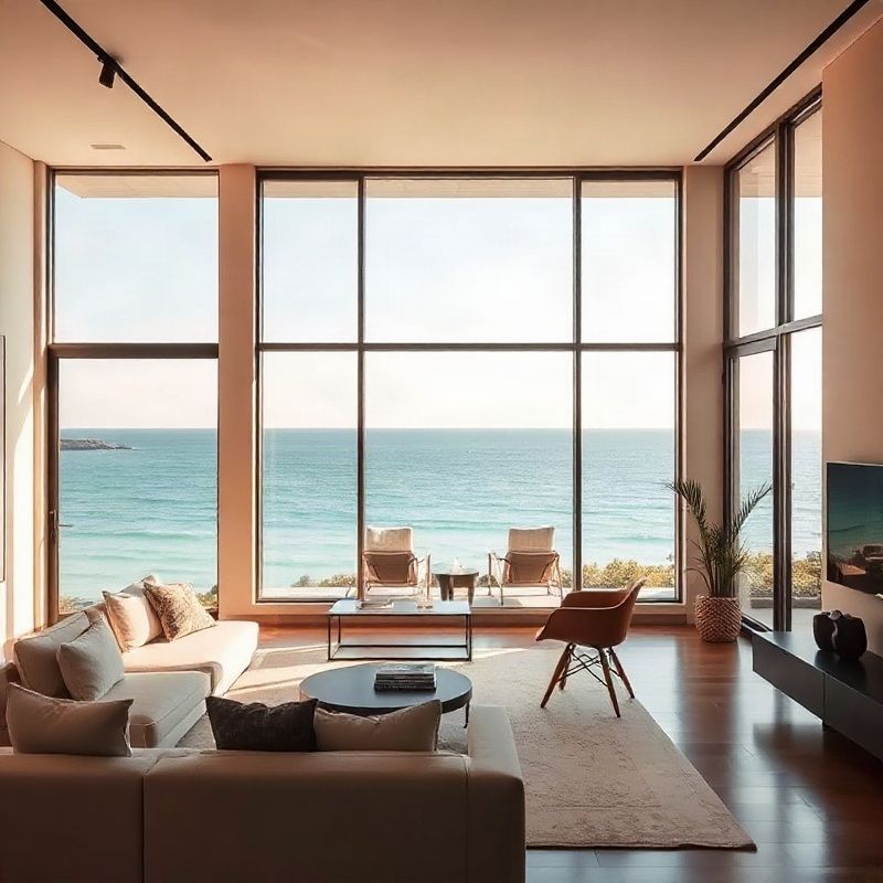 Interior de apartamento à beira-mar em Florianópolis com vista para o oceano